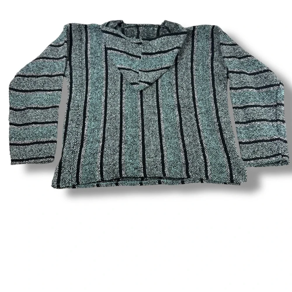 Baja Poncho Style Pullover Hoodie –‎ Teal & Black Stripe